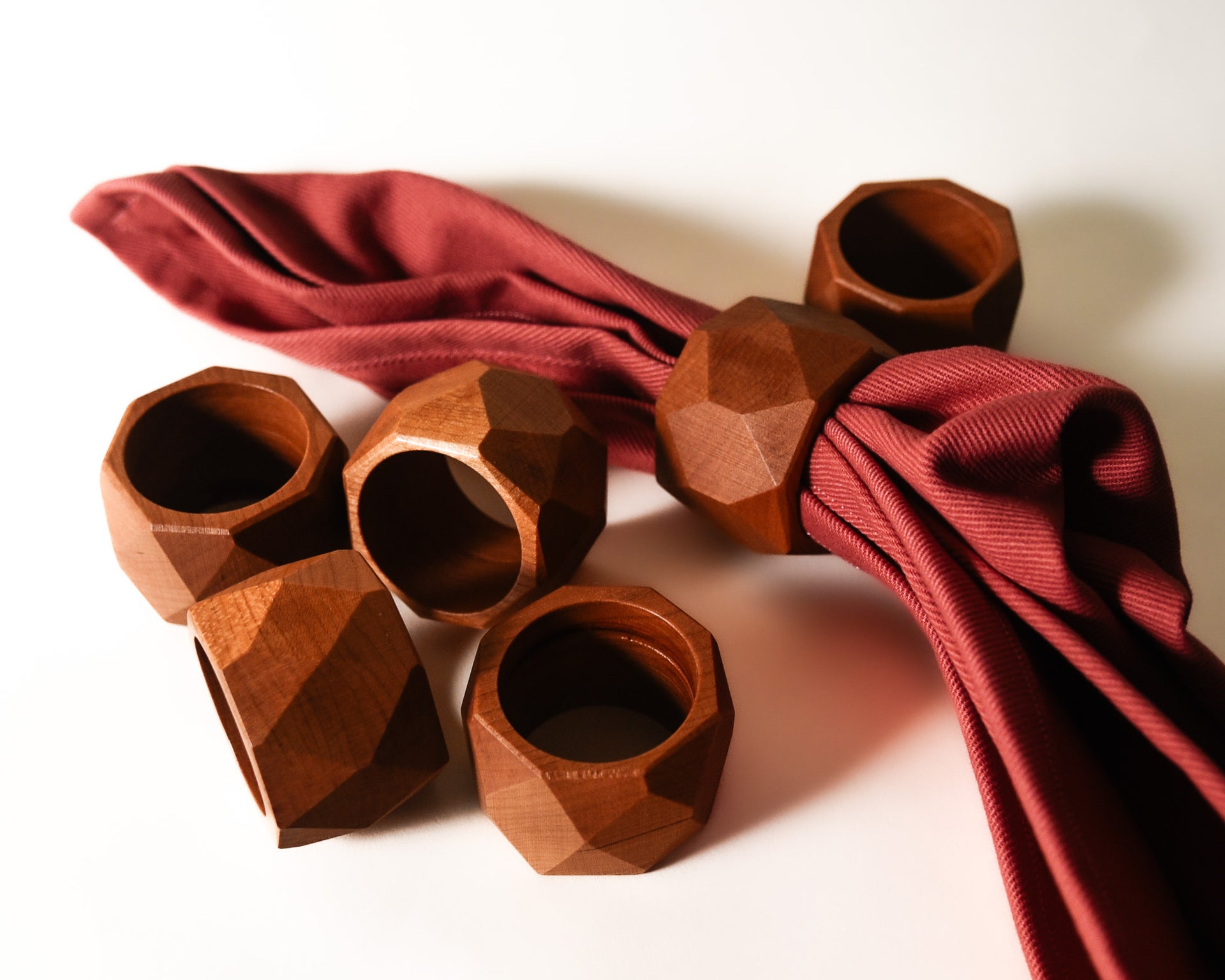 Cherry Wood Geometric Napkin Rings - Set of 6
